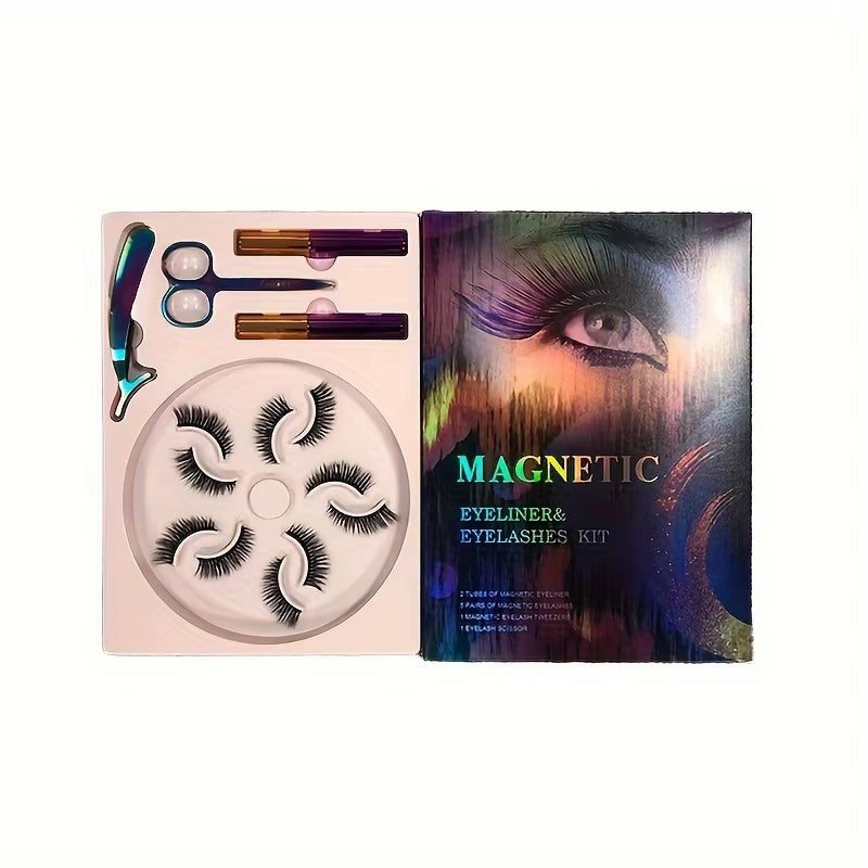 Magnetic False Eyelashes, Five Magnet Liquid Eyeliner Eyelashes, with Tweezers Set, 3D Three-Dimensional Natural Thick, Suitable