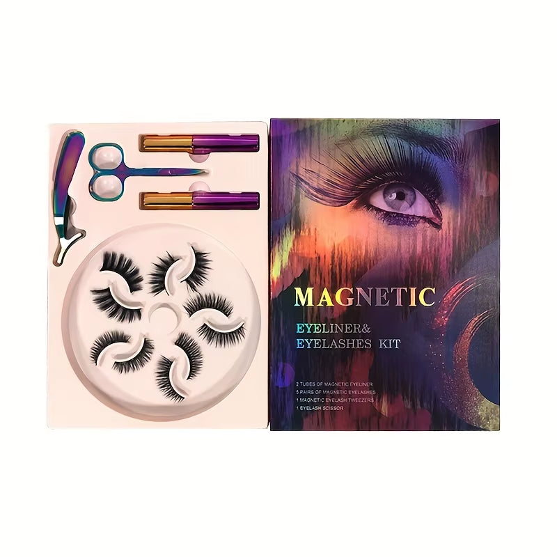 Magnetic False Eyelashes, Five Magnet Liquid Eyeliner Eyelashes, with Tweezers Set, 3D Three-Dimensional Natural Thick, Suitable