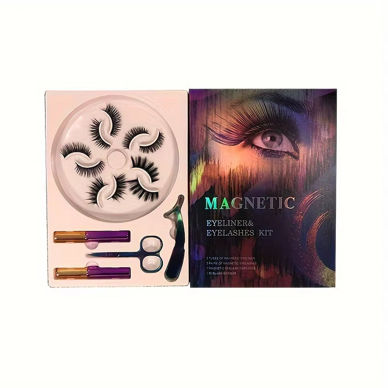 Magnetic False Eyelashes, Five Magnet Liquid Eyeliner Eyelashes, with Tweezers Set, 3D Three-Dimensional Natural Thick, Suitable