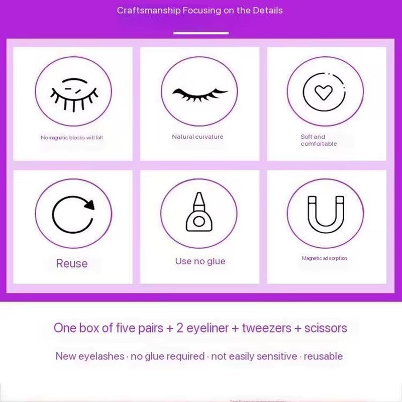 Magnetic False Eyelashes, Five Magnet Liquid Eyeliner Eyelashes, with Tweezers Set, 3D Three-Dimensional Natural Thick, Suitable